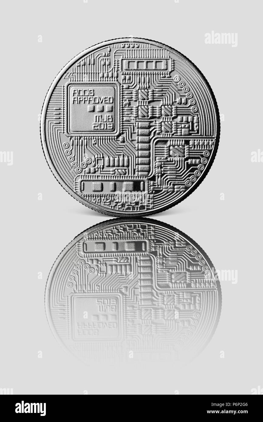 Silver Bitcoin Back Of The Coin Reflection Of A Coin On A Gray - 